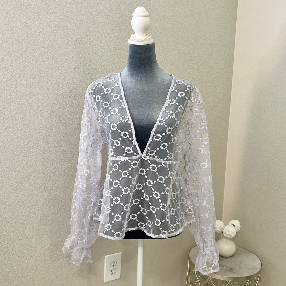 Zara Lilac Sheer Embroidered Floral V-Neck Blouse - Picture 1 of 6